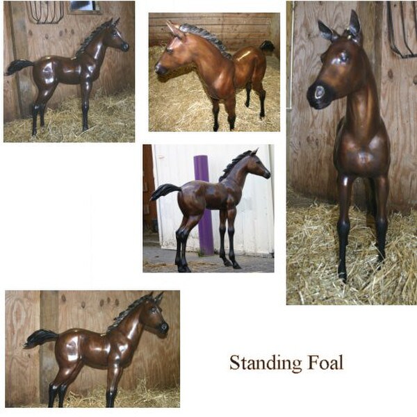Life size bronze horse colt standing fresh with new life
